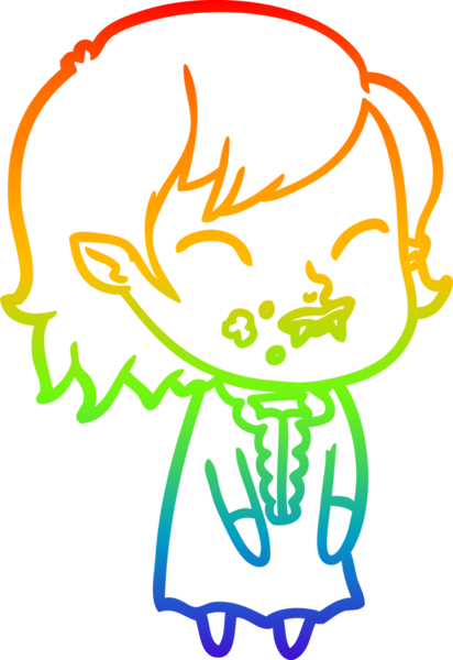 Gökkuşağı gradyan çizgisi. Bir insan tarafından çizilmiş yanağında kan olan vampir bir kız çizgi filmi.