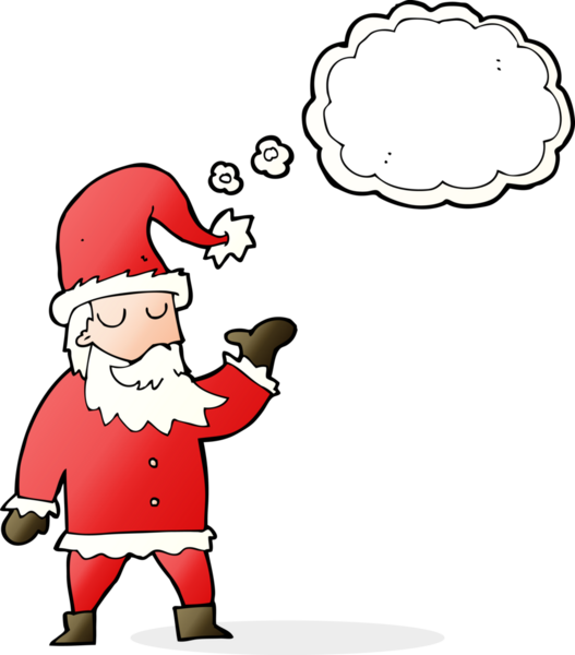 Bir insan tarafından çizilmiş düşünce baloncuklu Noel Baba çizgi filmi.