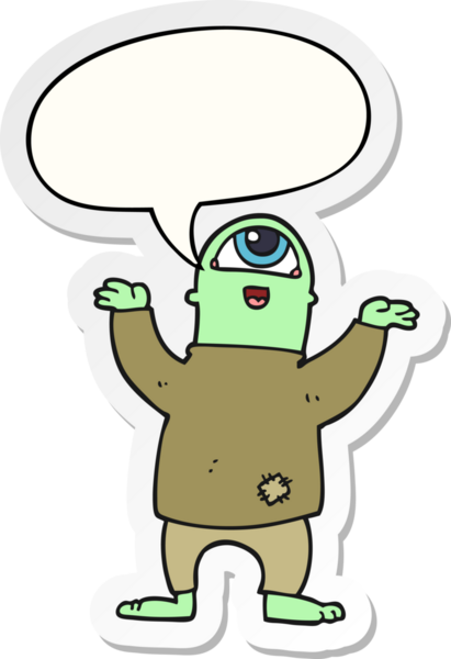 Bir insan tarafından çizilmiş konuşma balonu çıkartmalı cadılar bayramı canavarı çizgi filmi.