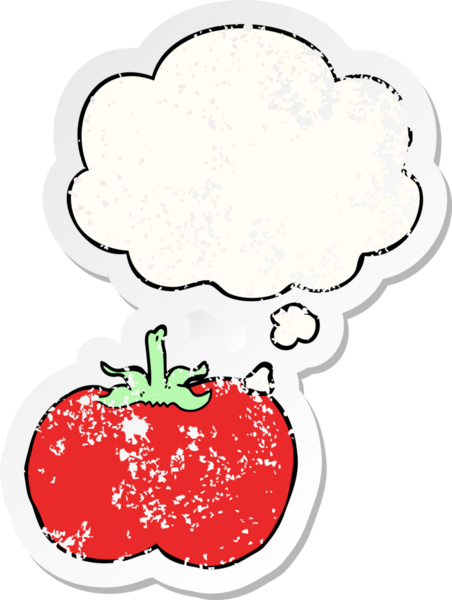 Düşünce baloncuklu çizgi film domatesleri insan tarafından çizilmiş yıpranmış bir çıkartma gibi.