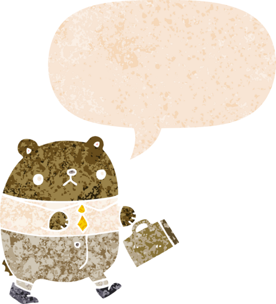 iş kıyafetleri içindeki çizgi film ayısı grunge 'da konuşma baloncuğu ile bir insan tarafından çizilmiş sıkıntılı retro dokuma tarzı