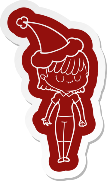 Bir insan tarafından çizilmiş Noel Baba şapkası giyen bir kadının garip çizgi film etiketi.