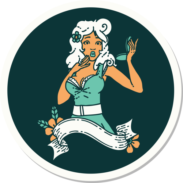 Geleneksel bir poster stiliyle dövme çıkartması. Bir insan tarafından çizilmiş pankartıyla şaşırmış bir kız.