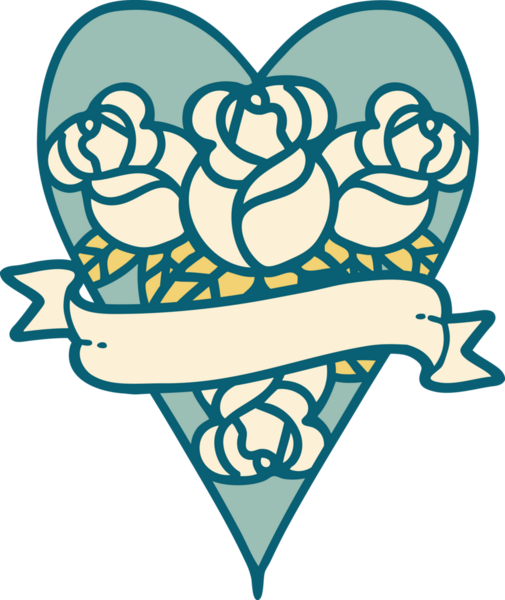 İkonik dövme stili bir kalp ve bir insan tarafından çizilmiş çiçekli pankart.