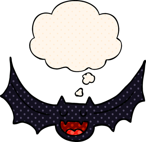 Çizgi roman tarzında düşünce baloncuğu olan bir yarasa insan tarafından çizilmiş.