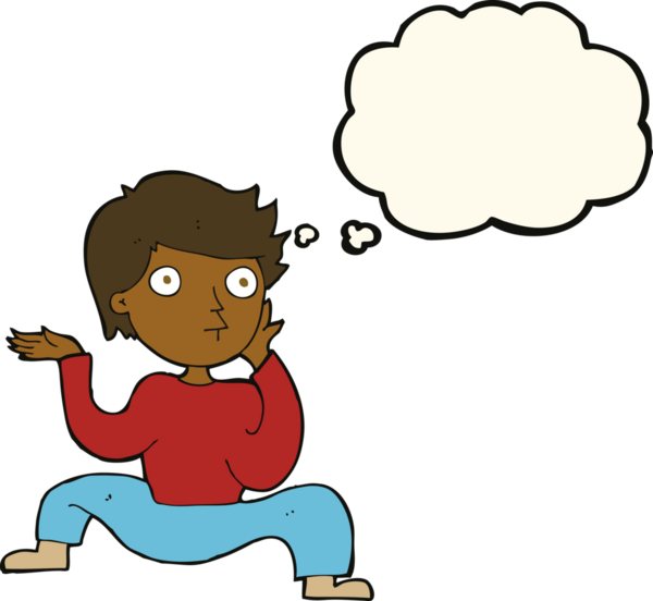 Çizgi filmci çocuk bir insan tarafından çizilmiş düşünce baloncuğuyla çılgınca dans ediyor.