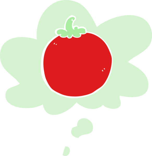 Düşünce baloncuklu karikatür domatesi insan tarafından çizilmiş.