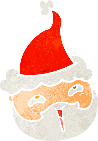 Bir insan tarafından çizilmiş Noel Baba şapkası takan sakallı bir erkek yüzü.