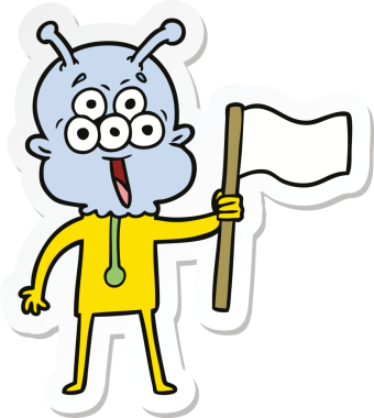 Bir insan tarafından çizilmiş mutlu bir uzaylı çizgi filminin çıkartması.