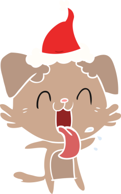 Bir insan tarafından çizilmiş, nefes nefese kalmış, Noel Baba şapkası takan bir köpeğin el çizimi.