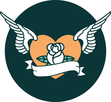 Bir insan tarafından çizilmiş çiçek ve bayrak ile uçan bir kalbin ikonik dövme görüntüsü