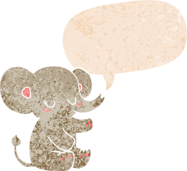 grunge 'da konuşma baloncuğu olan karikatür fili bir insan tarafından çizilmiş dertli retro tarzı.