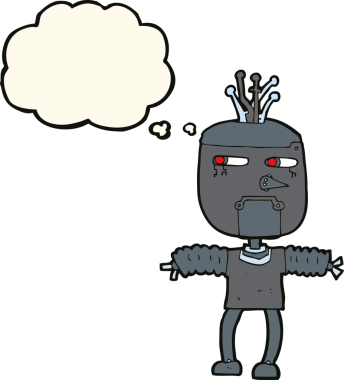 Bir insan tarafından çizilmiş düşünce baloncuklu çizgi film robotu