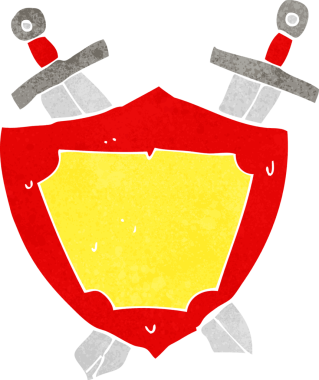 Çizgi film kalkanı ve bir insan tarafından çekilen kılıçlar