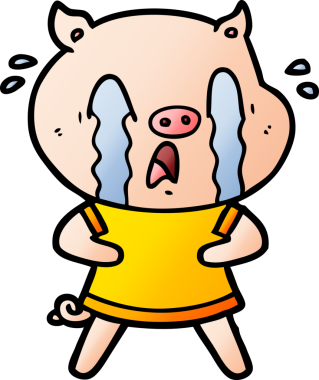 Bir insan tarafından çizilmiş insan kıyafetleri içinde ağlayan domuz çizgi filmi.