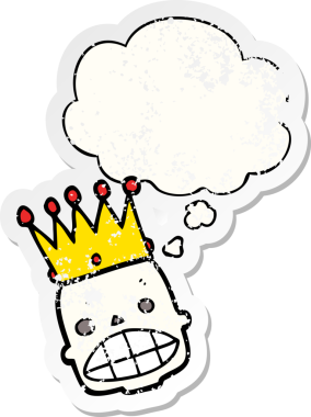 İnsan tarafından çizilmiş yıpranmış bir çıkartma gibi taçlandırılmış, karikatürlü, ürkütücü kafatası.