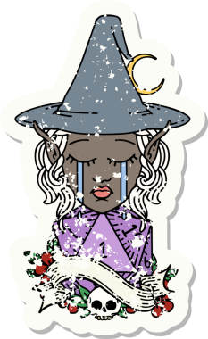 Retro Dövme Tarzı Ağlayan Elf Büyücüsü karakteri yüzü ve bir insan tarafından çizilmiş D20 rulosu