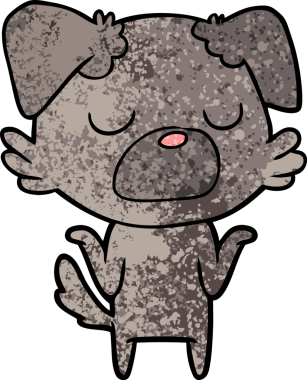 Bir insan tarafından çizilmiş omuzlarını silkeleyen çizgi film köpeği.