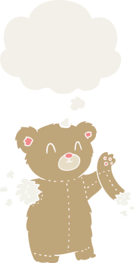 Yırtık kollu çizgi film ayıcığı. Düşünce baloncuğu insan tarafından çizilmiş.