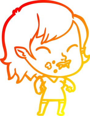 Bir insan tarafından çizilmiş yanağında kan olan vampir bir kızın çizgi film çizimi.