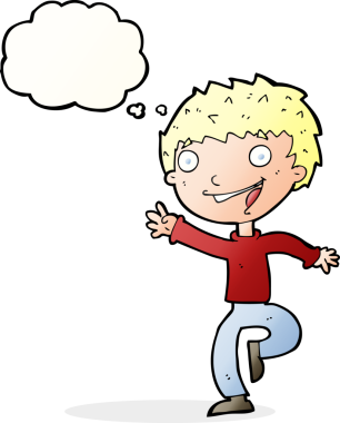 Bir insan tarafından çizilmiş düşünce baloncuğu olan heyecanlı çocuk.