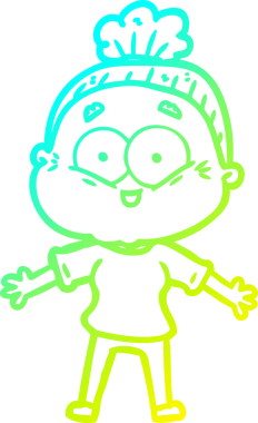 Bir insan tarafından çizilmiş, mutlu, yaşlı bir kadının çizimi.