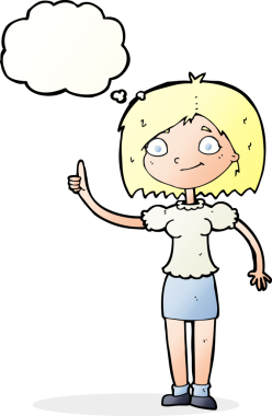 Bir insan tarafından çizilmiş düşünce baloncuğu fikri olan karikatür kadın.