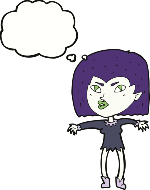 Bir insan tarafından çizilmiş düşünce balonlu vampir kız.