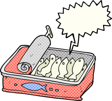 El yazısıyla çizilmiş çizgi roman konuşma balonu bir insan tarafından çizilmiş sardalya konservesi