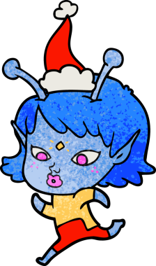Bir insan tarafından çizilmiş Noel Baba şapkasıyla koşan uzaylı bir kızın güzel el çizimi karikatürü.