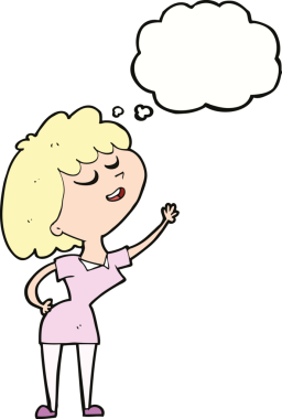 Bir insan tarafından çizilmiş düşünce baloncuğuyla konuşmak üzere olan mutlu kadın çizgi filmi.