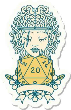 Bir insan tarafından çizilmiş 20 zarlı elf barbar karakterinin çıkartması.