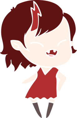 Bir insan tarafından çizilmiş düz renkli çizgi film gülen vampir kız.