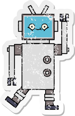 Bir insan tarafından çizilmiş sevimli bir robot çizgi film çıkartması.