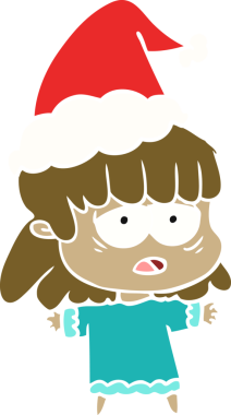 Bir insan tarafından çizilmiş Noel Baba şapkası giyen yorgun bir kadının el çizimi düz bir çizim.