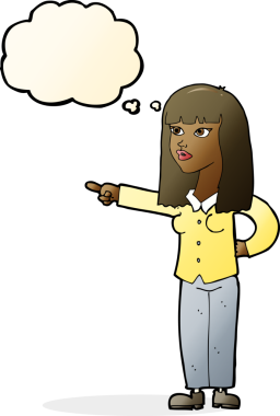 Bir insan tarafından çizilmiş düşünce baloncuğuyla işaret eden güzel bir kadın.