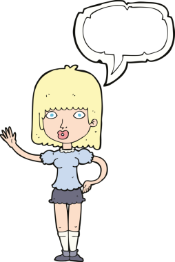 Bir insan tarafından çizilmiş bir konuşma balonuyla el sallayan çizgi film kadını.