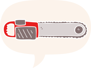 bir insan tarafından çizilmiş retro tarzı konuşma baloncuğu olan zincirli testere.