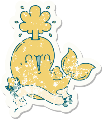 Dövme stili eski bir çıkartma. Bir insan tarafından çizilmiş mutlu, fışkırtan balina karakteri.