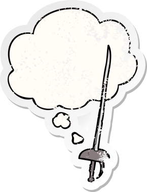 Düşünce baloncuklu karikatür kılıcı bir insan tarafından çizilmiş yıpranmış bir çıkartma gibi.