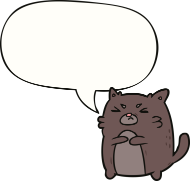 Bir insan tarafından çizilmiş konuşma balonlu kızgın kedi çizgi filmi.