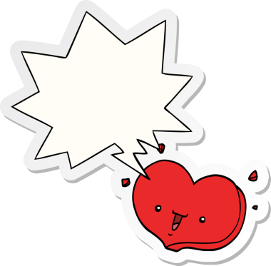 Bir insan tarafından çizilmiş konuşma balonu çıkartmalı mutlu aşk kalbi çizgi filmi.