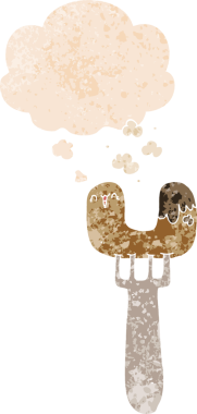 Çatal üzerinde çizgi film sosisi ve grunge 'da düşünce baloncuğu bir insan tarafından çizilmiş rahatsız edilmiş retro dokuma tarzı.