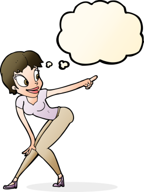 Bir insan tarafından çizilmiş düşünce baloncuğuyla işaret eden güzel bir kadın.