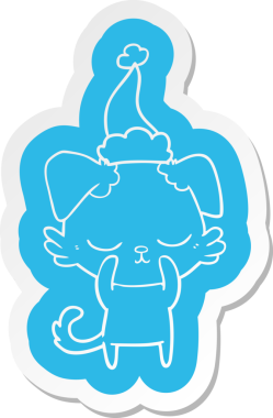 Bir insan tarafından çizilmiş Noel Baba şapkası takan bir köpeğin komik çizgi film çıkartması.