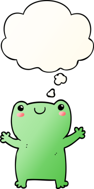 Bir insan tarafından çizilmiş yumuşak eğimli düşünce baloncuğu olan sevimli çizgi film kurbağası.