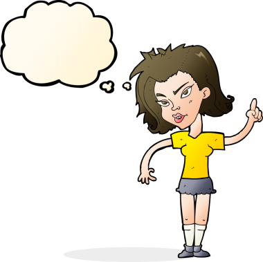 Bir insan tarafından çizilmiş düşünce baloncuğu fikri olan karikatür kadın.