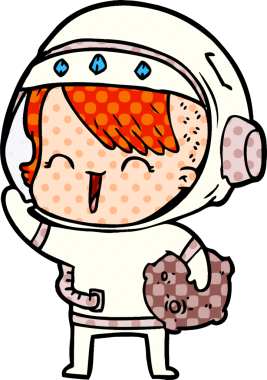 Mutlu uzay kızı elinde bir insan tarafından çizilmiş ay taşını tutuyor.