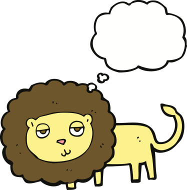 Bir insan tarafından çizilmiş düşünce baloncuklu çizgi film aslanı.