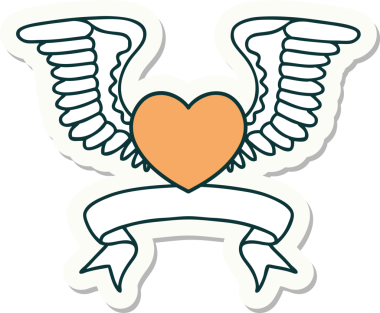 Bir insanın çizdiği kanatlı bir kalbin bayrağıyla dövme stili çıkartması.